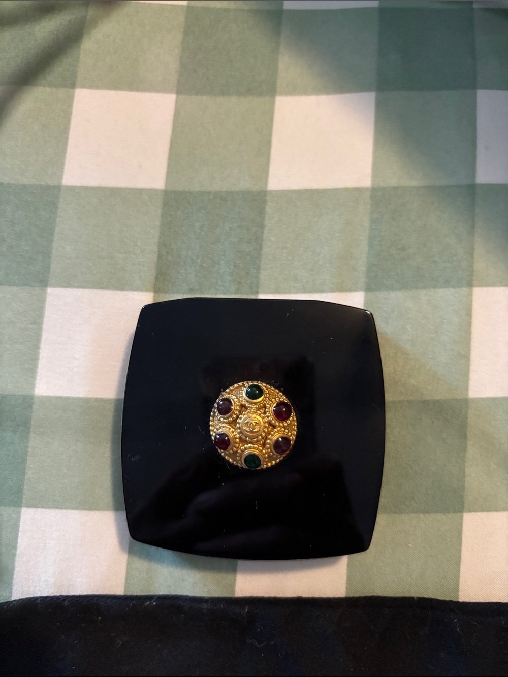 CHANEL Black Compact with Gold Medallion and Multicolor Stones with Storage Bag - Picture 2 of 16